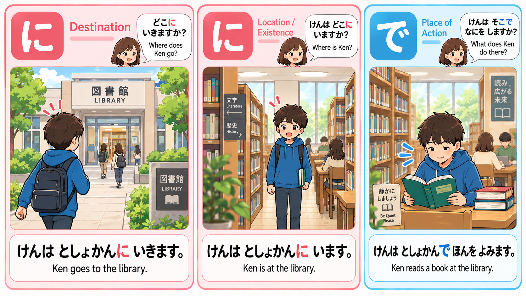 Japanese particles に and で showing destination, existence, and place of action